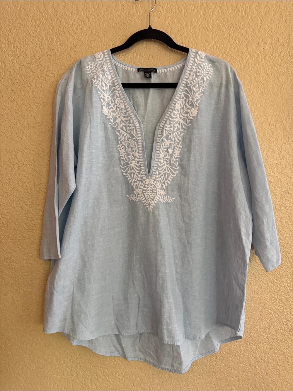 Saks Fifth Avenue Light Blue Tunic with White Embroidered V-Neck